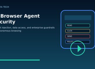 AI browser agent security graphic showing browser actions controlled by policy guardrails