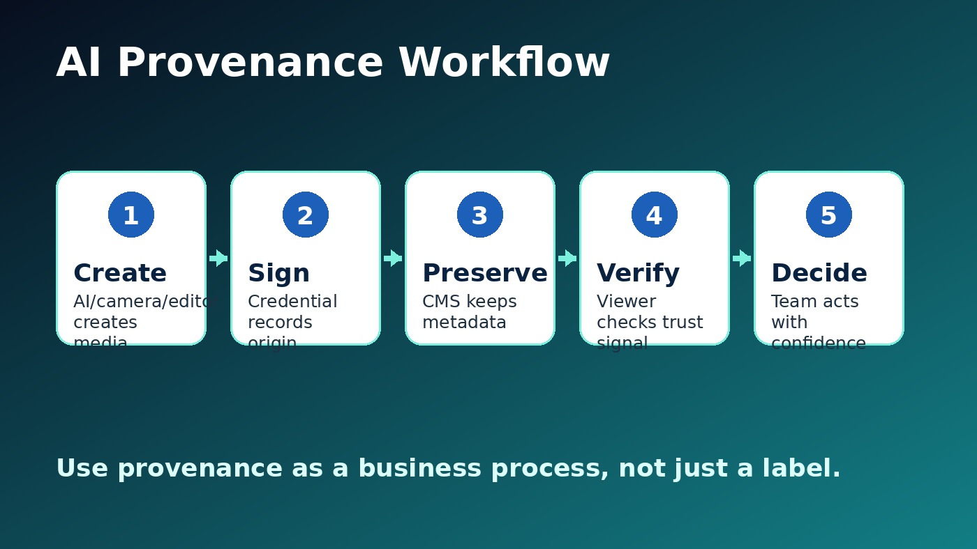 AI content provenance workflow showing creation, credential signing, verification, and business decision points
