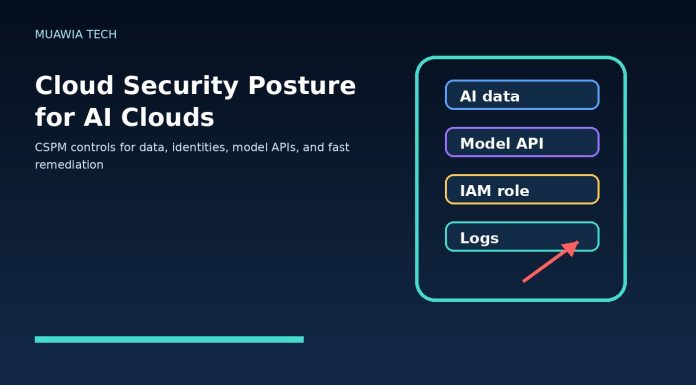 Cloud security posture dashboard for AI cloud environments showing data identity model API and logging controls