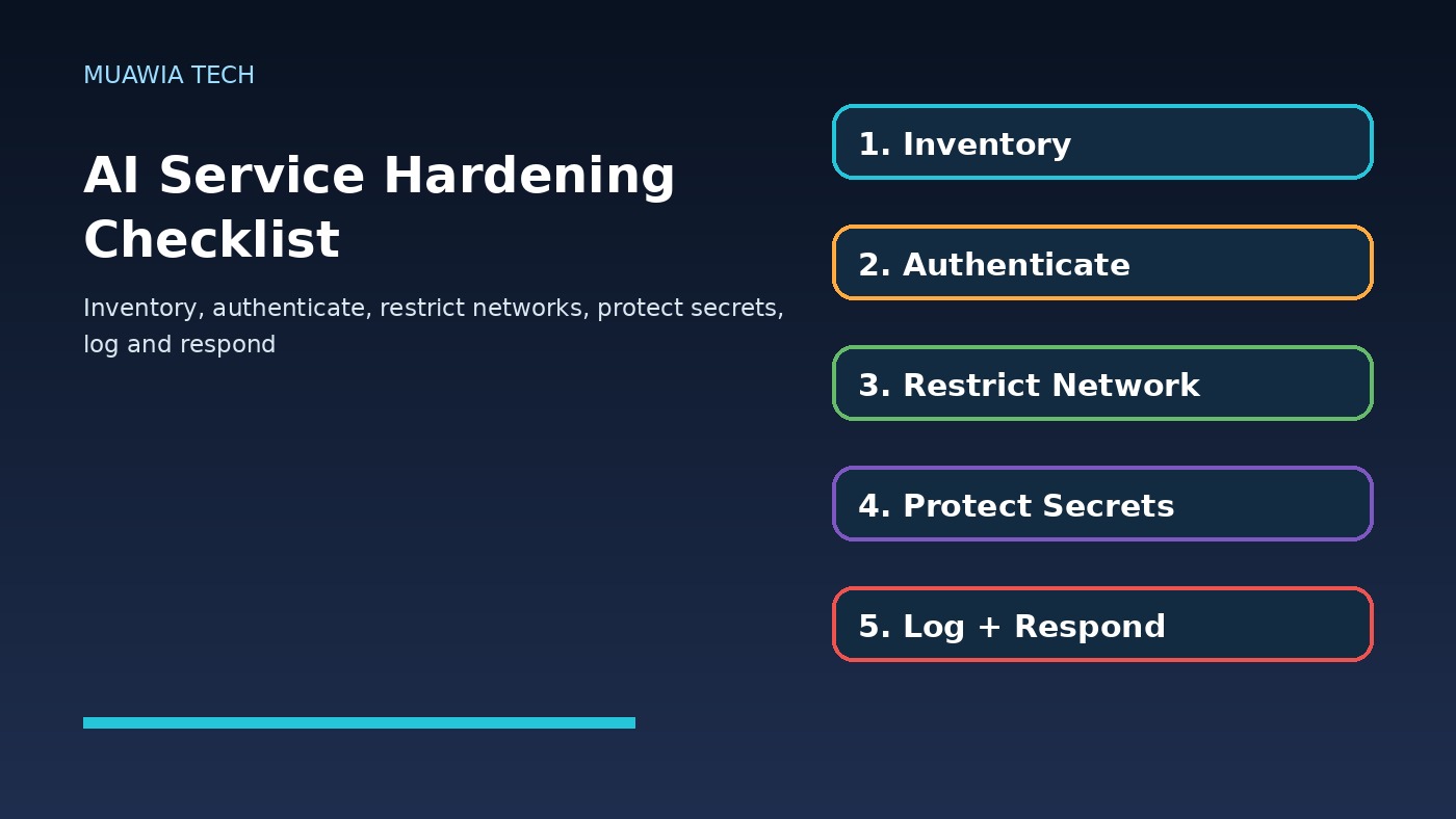AI service hardening checklist covering inventory authentication network access secrets logging and recovery