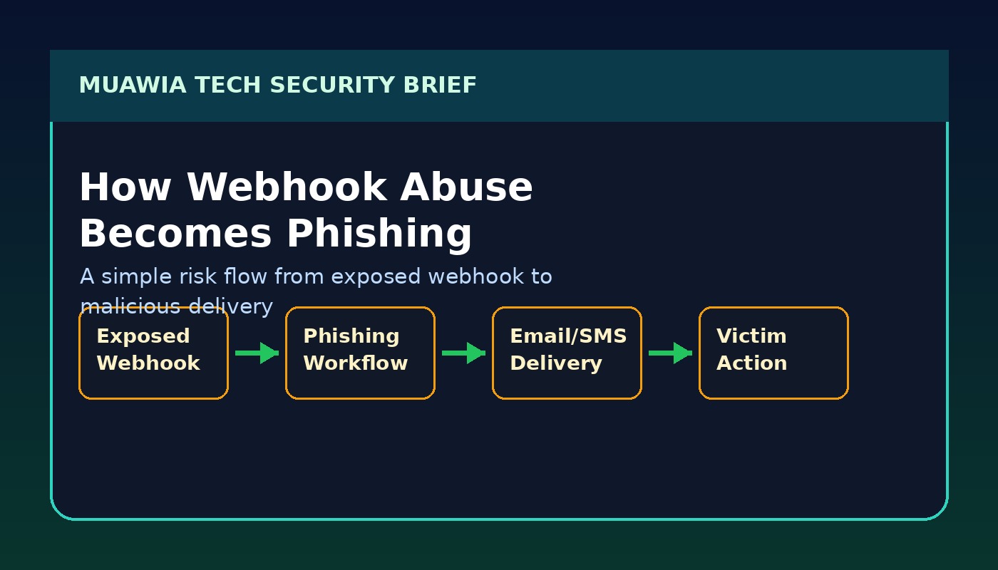 Diagram showing exposed webhook abuse turning into a phishing workflow