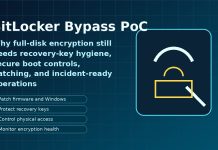 BitLocker security graphic showing a lock, recovery key controls, and encryption safeguards