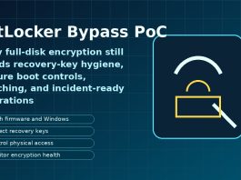 BitLocker security graphic showing a lock, recovery key controls, and encryption safeguards