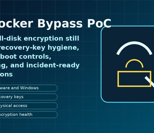 BitLocker security graphic showing a lock, recovery key controls, and encryption safeguards
