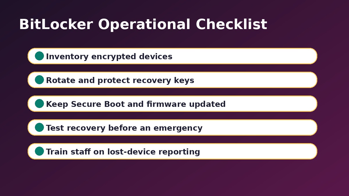 BitLocker operations checklist with recovery key protection patching monitoring and staff training steps