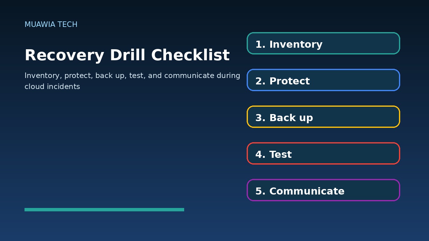 Cloud recovery drill checklist for SaaS backups identity controls vendor contacts and communication plans