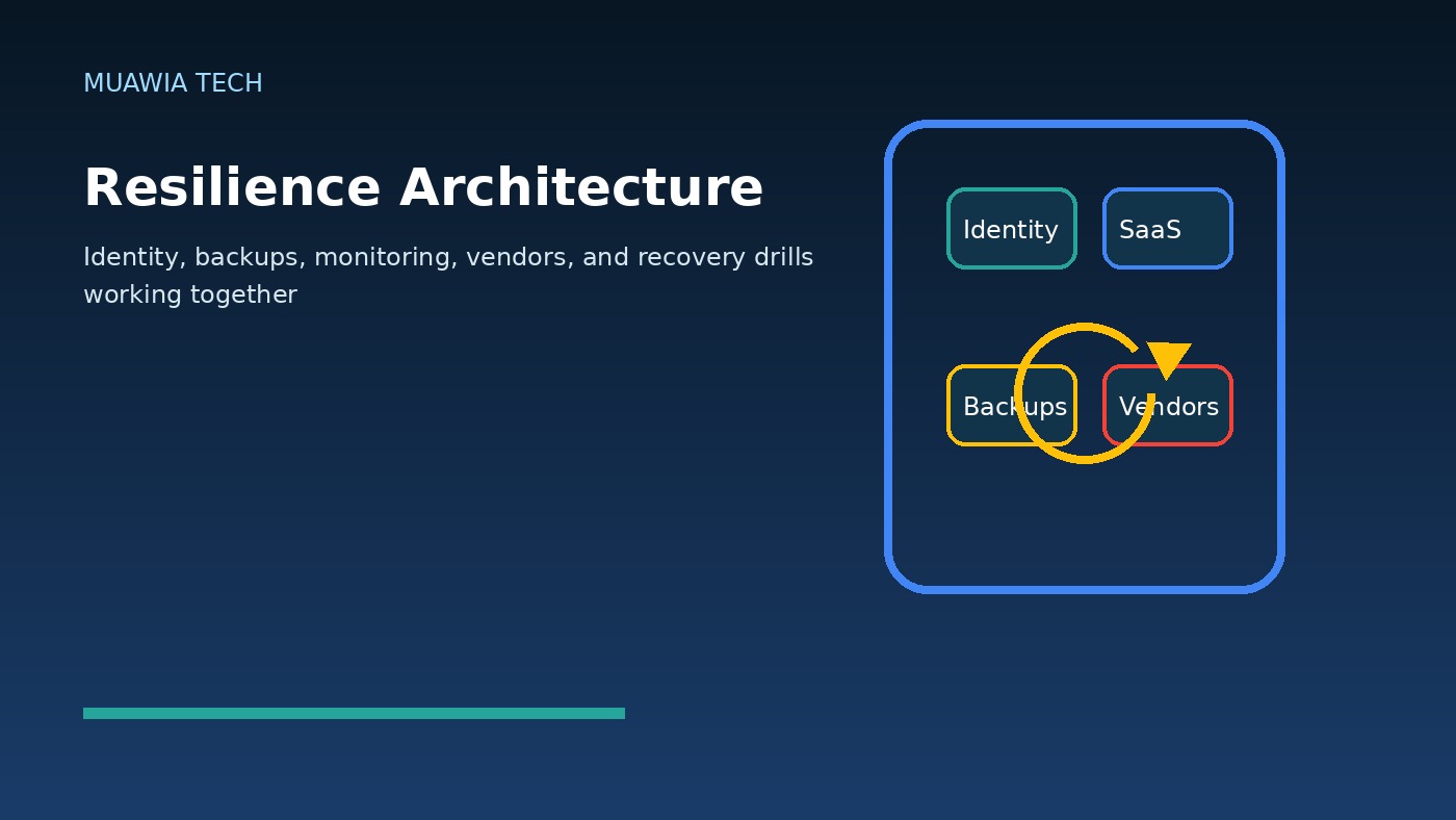 Cloud and SaaS resilience architecture connecting identity, backups, monitoring, vendors, and recovery drills