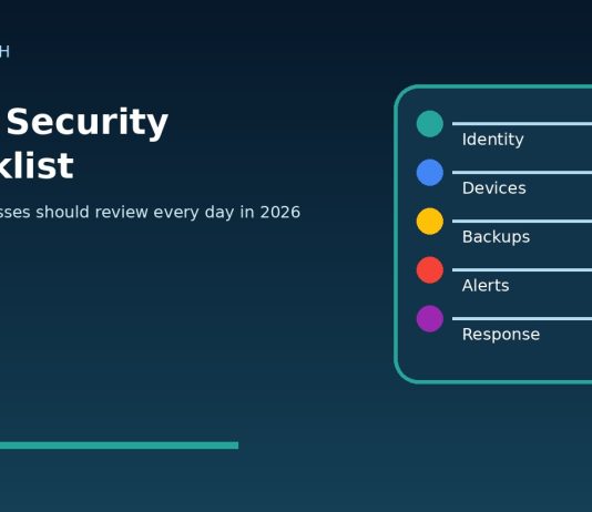 Daily security checklist for businesses in 2026 with identity devices backups alerts and response tasks