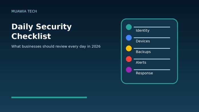 Daily security checklist for businesses in 2026 with identity devices backups alerts and response tasks