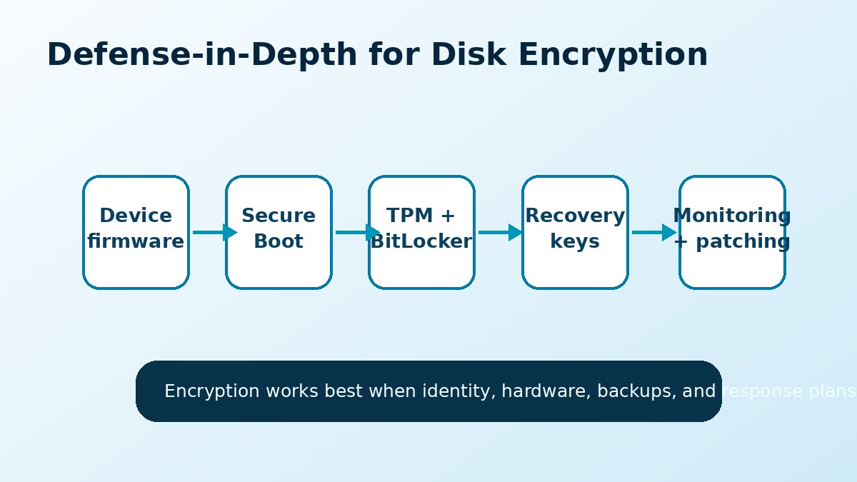 Diagram of defense in depth for disk encryption including firmware Secure Boot TPM recovery keys monitoring and patching