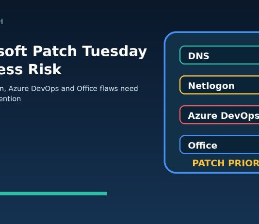 Microsoft Patch Tuesday Business Risk: Why DNS, Netlogon, and Azure DevOps Flaws Need Executive Attention Microsoft Patch Tuesday business risk graphic showing DNS Netlogon Azure DevOps and Office patch priorities