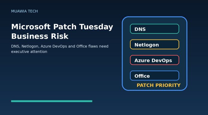 Microsoft Patch Tuesday business risk graphic showing DNS Netlogon Azure DevOps and Office patch priorities