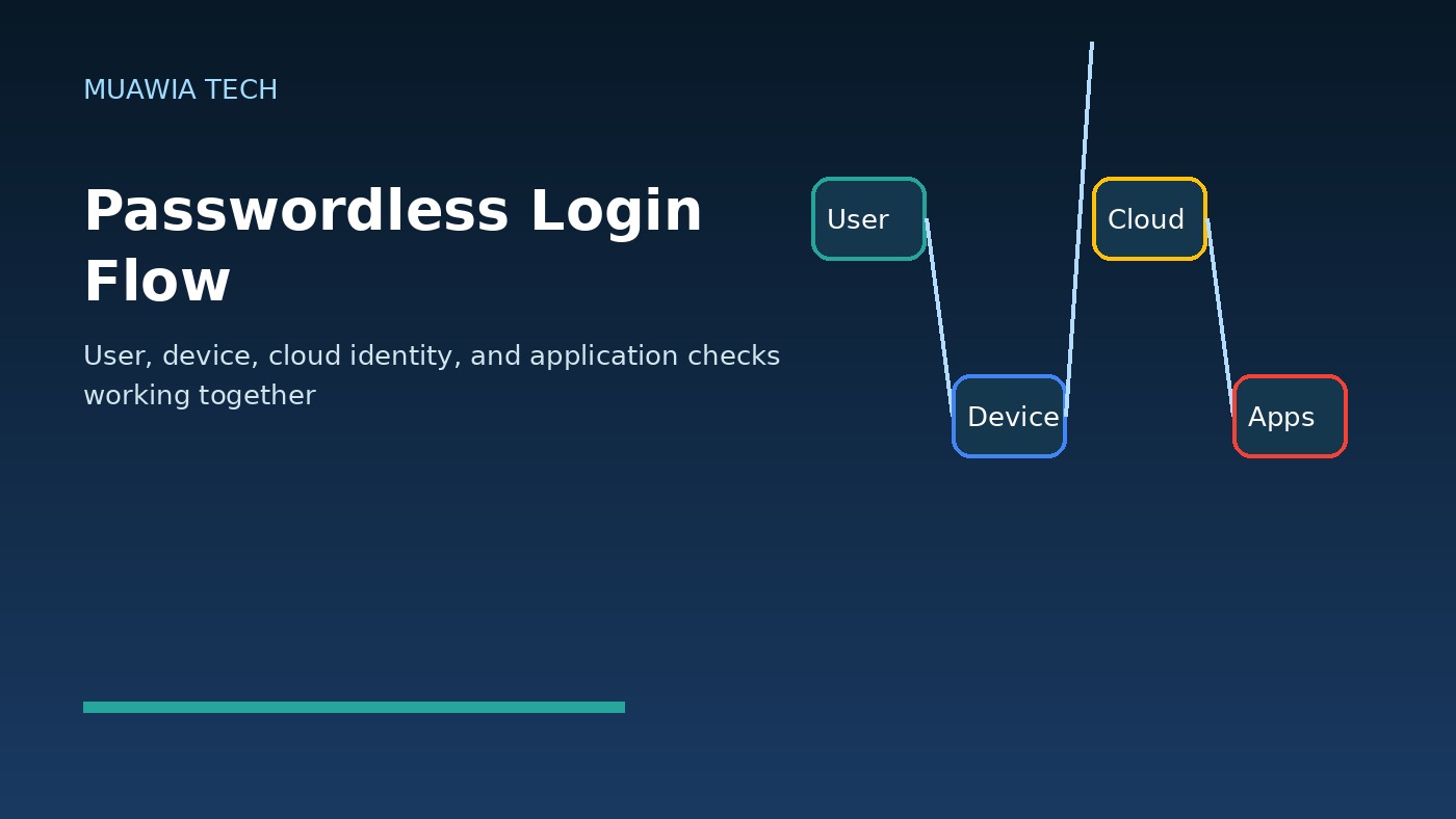 Diagram of passwordless login flow connecting users devices cloud identity and business apps